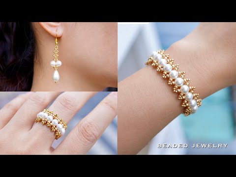 Pearl jewelry set. How to make beaded jewelry. Earrings, bracelet and ring. Beading tutorial