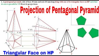 Projection of Solids Pentagonal Pyramid | Triangular face on HP
