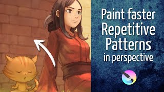 Paint faster repetitive patterns in perspective, step by step, Krita tutorial.