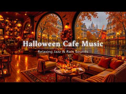 Spooky Halloween Ambience in a Cozy Fall Coffee Shop 🎃 Soft Jazz Music & Rain Sounds for Work, Focus