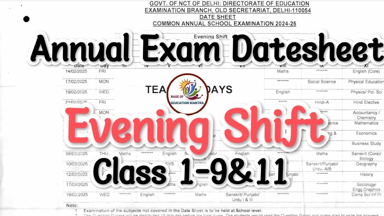 Evening Shift Annual Exam Date Sheet Class 1 To 9 11 Annual Exam evening-shift-annual-exam-date-sheet-class-1-to-9-11-annual-exam