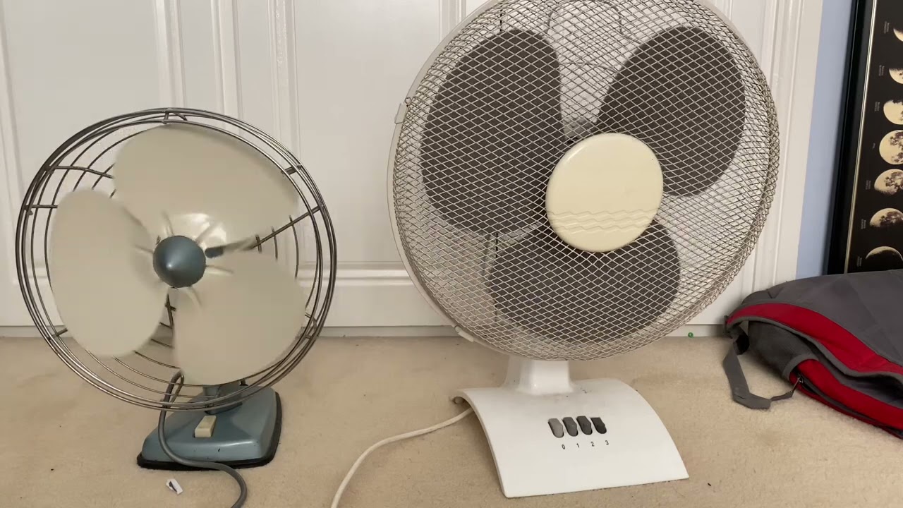 Spin down comparison: 1950s Welbeck/Thermair 12” desk fan vs 2000s FSL 16” desk fan