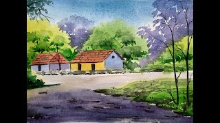watercolor village landscape painting for beginners