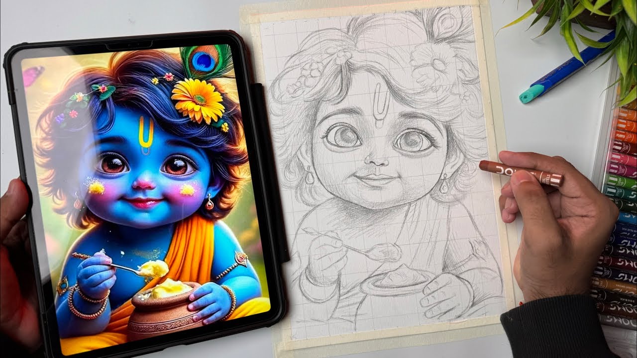 Draw with me - Krishna Drawing, Janmashtami Drawing,  Oil Pastel Drawing 😍 part 1