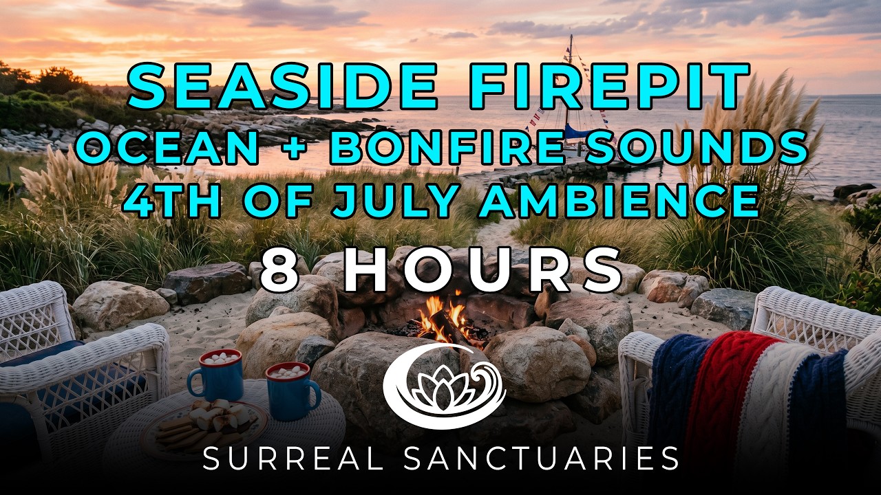 8 Hour Seaside Firepit 4th of July Ambience | Ocean and Crackling Fire Sounds for Focus & Relaxation