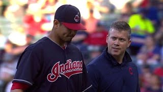 TB@CLE: Carrasco shaken up, leaves the game
