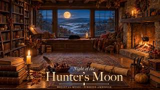 Cozy Hunter's Moon Library 🍂 Misty Valley, Medieval Music & Fireplace | Sleeping Black Cat