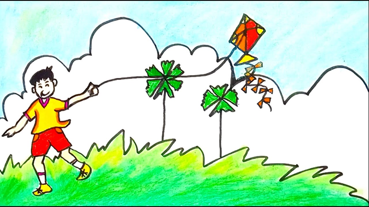 How to draw scenery of Kite flying Step by step 2023 Easy Village