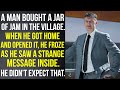 Man bought a jar of jam in the village. When he came home and opened it, he saw…