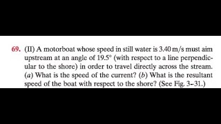 A motorboat whose speed in still water is 3.40 must aim upstream at an angle of (with respect to a