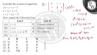 Consider the system of equations \[ \begin{array}{c} \lambda x+y+z=1 \\ x+\lambda y+z=\lambda \\....