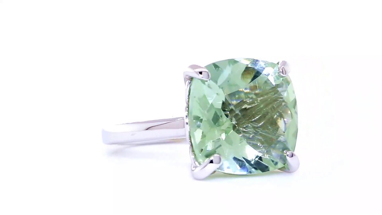 Cushion Cut Green Quartz Ring Solitarie Ring, 9.67CT in 14K White Gold