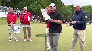 Madison’s Steve Stricker receives “Dream Achieved” trophy after winning the 2023 AmFam Championship