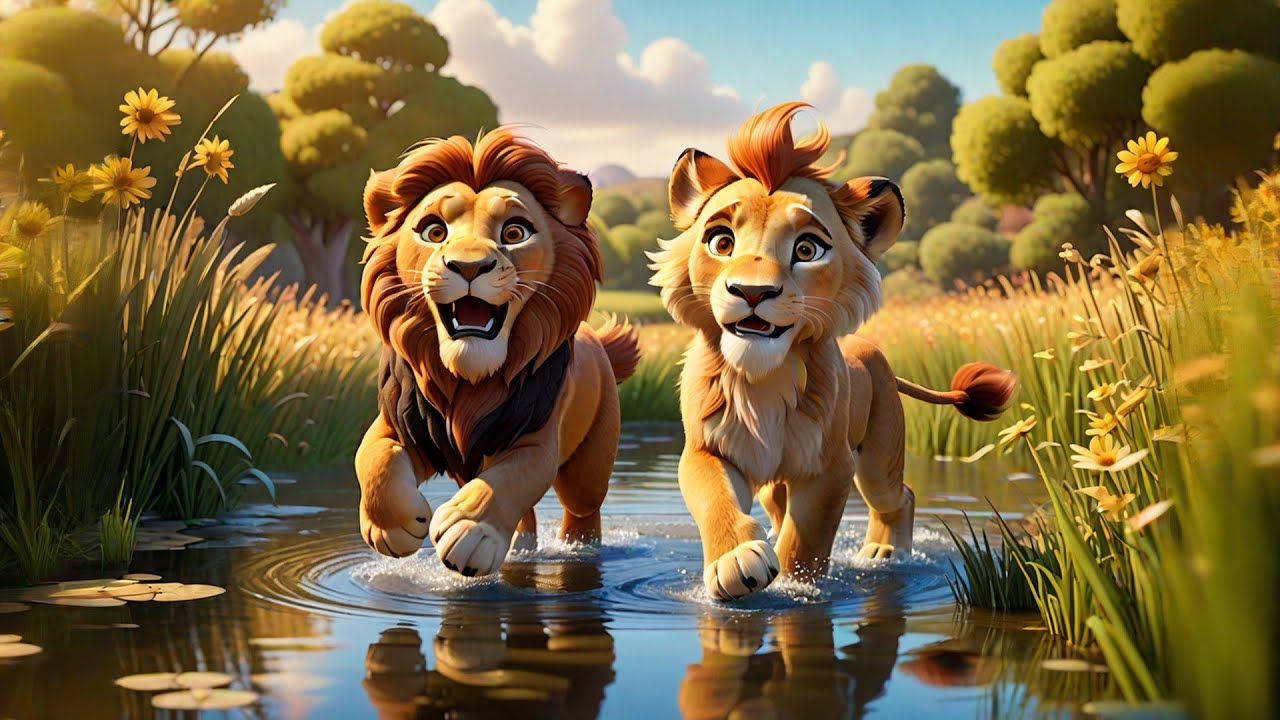 Four Laughing Lions Roar and Run | Fun Animal Action Song for Kids | Nursery Rhymes and Baby Songs