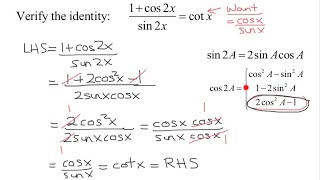 Verify Trigonometric Identity Involving Double Angle Formulas: (1+cos(2x))/(sin(2x))=cot(x)
