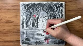Dreamy Black And White Forest / Easy Acrylic Painting Tutorial For Beginners #217