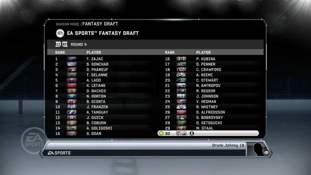 NHL 12: Fantasy Draft Simulation (Part 