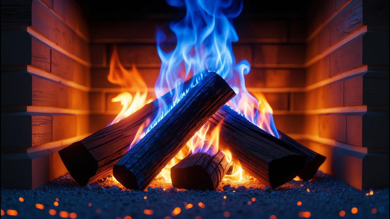 Embrace Calm from Cozy Fireplace with Blue Flames & Gentle Crackling for Deep Relaxation