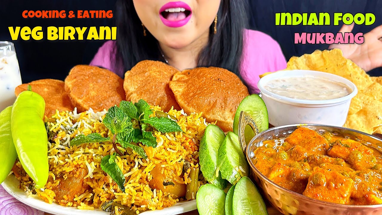INDIAN MUKBANG COOKING & EATING VEG BIRYANI, MATAR PANEER, PUDI, PAPAD, SALAD & LASSI | ASMR EATING