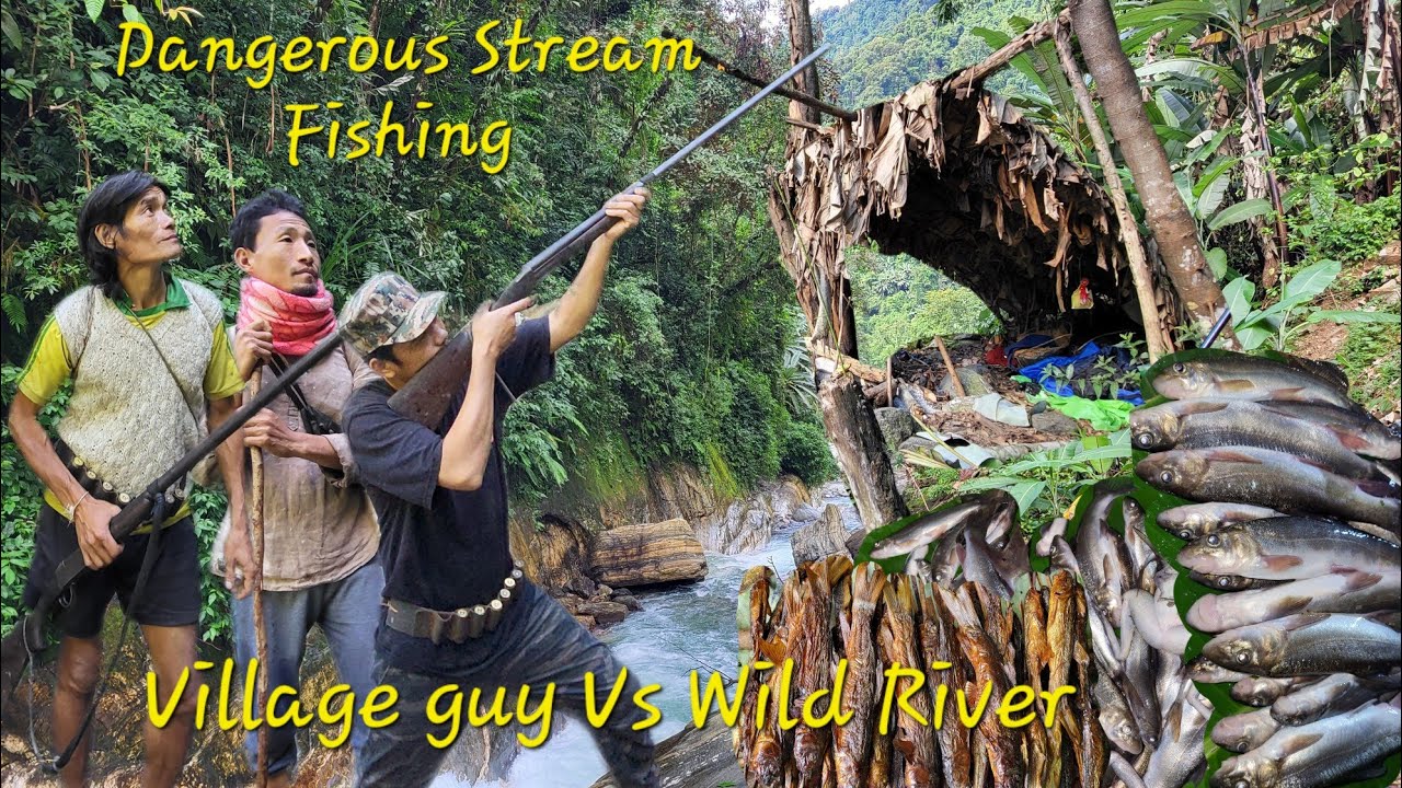 Village Guy's Dangerous Stream Fishing | Camping, Catch & Cook Advantures