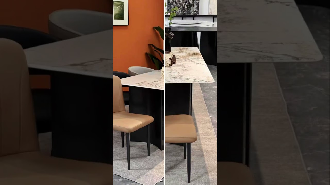 Aurora 160cm Natural Stone Dining Table – Abstract Multi-Tonal Marble Surface with Sculptural Matte Black Pedestal Base | FOH Furniture YouTube player