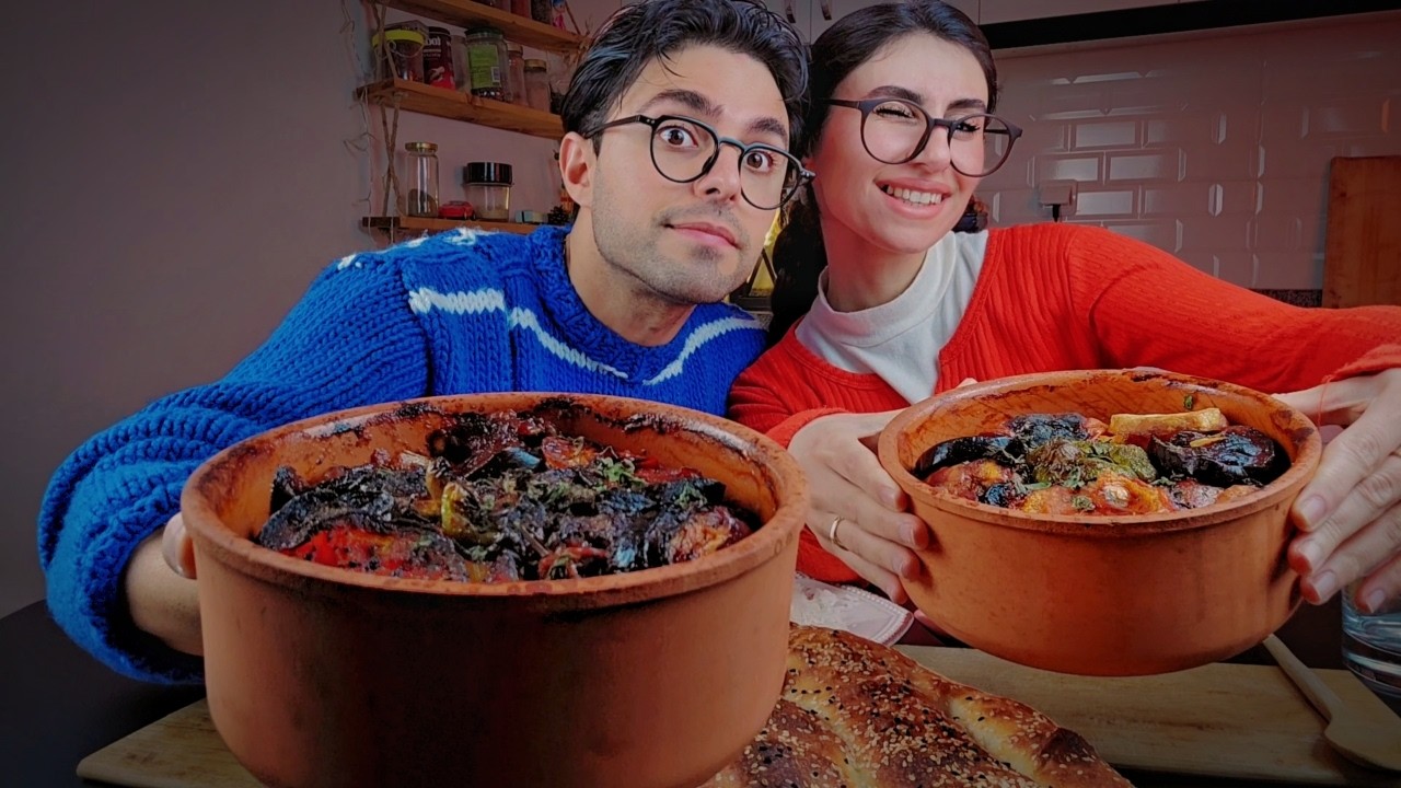 فطورنا الرمضاني / فخارة الباذنجان وقصة الشوكولا الفاخره 😂