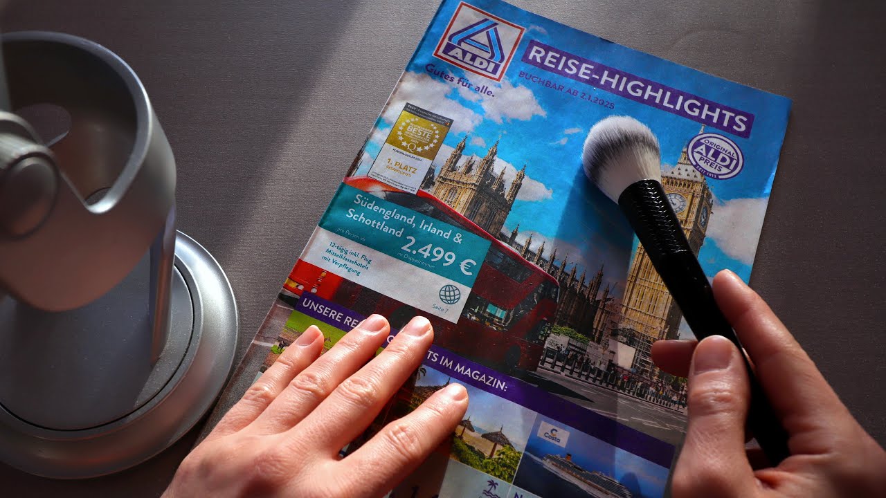 ASMR ALDI REISEPROSPEKT (JAN.2025) 🌈🌞 Sanftes Streichen über Papier, Brushing & Tracing | Geflüstert