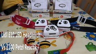 Lidl Crivit £10 USB rechargable LED Head torch with light sensor vs £100 Petzl Reactik+