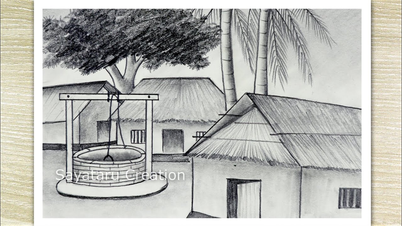 How to draw easy pencil sketch scenery, Village scenery drawing ...