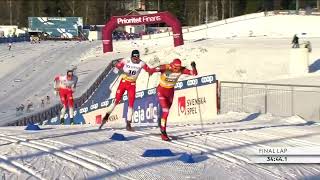 Bolshunov&#39;s victory of Klebo at the finish line of the mass start