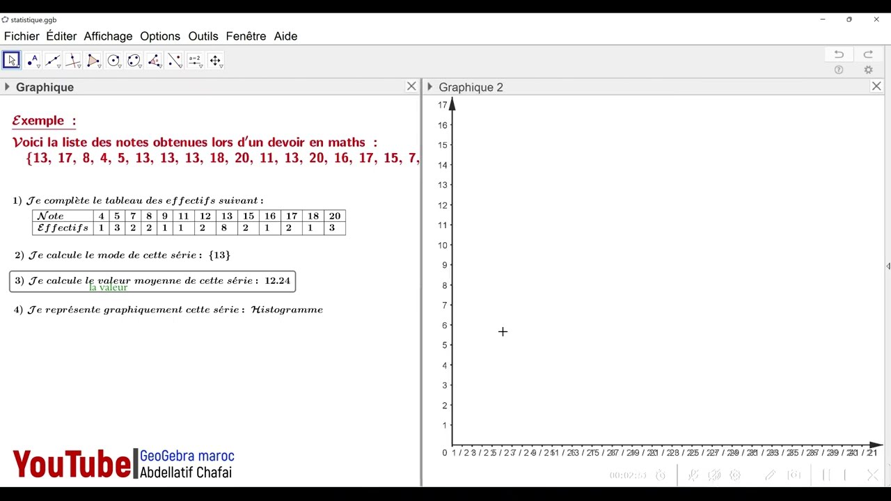 Statisique : Exemples dynamiques sous GeoGebra(série brute, tableau des effectifs, mode, graphe...)