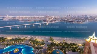 Jumeirah Palm island skyline day to night timelapse in Dubai, UAE