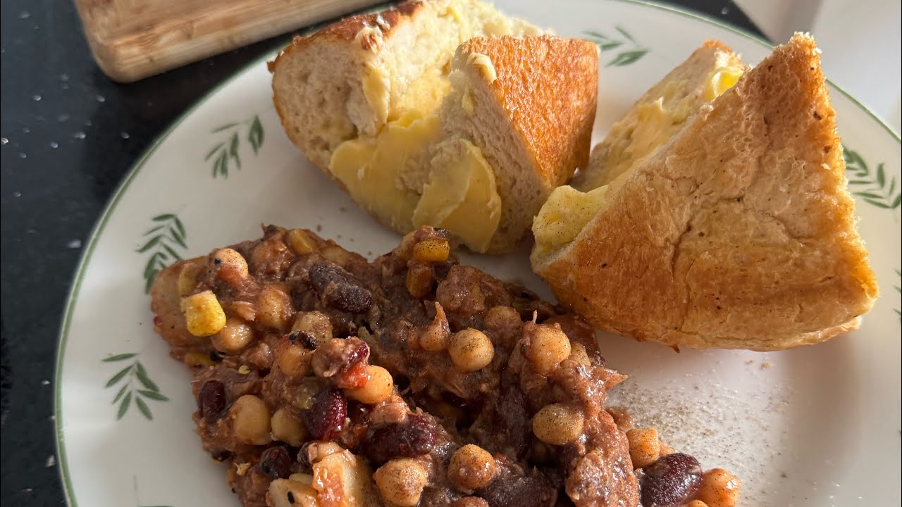 Homemade Mixed Bean/Tuna Fish Salad Fresh Chunky Tiger Olive Oil and Rock Salt Bread and Butter