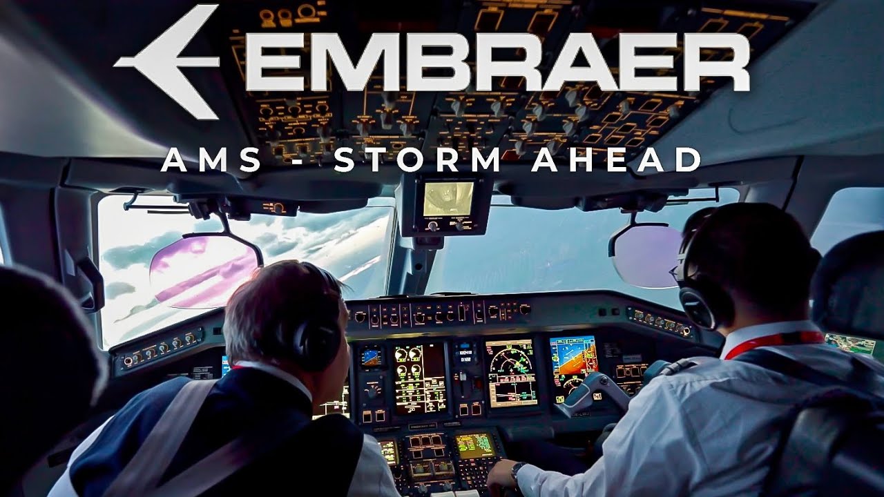 AMSTERDAM | EMBRAER 195 COCKPIT LANDING - STORMY & RAINY APPROACH