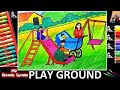 How to Draw a Playground Drawing Easy | Family Playing On Playground Scene Drawing Step By Step