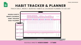 Habit Tracker Google Sheets | Calendar Planner Spreadsheet Pink