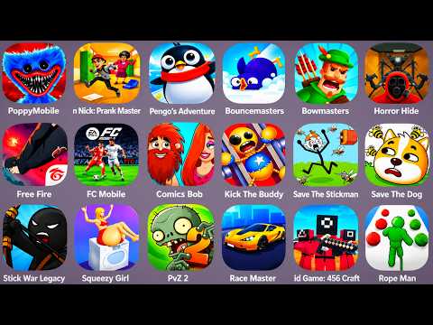 Free fire,Roblox,Poppy Playtime 4,Bowmasters,Stick War Legacy,Squid Game,Pvz2,Race Master,FC Mobile 