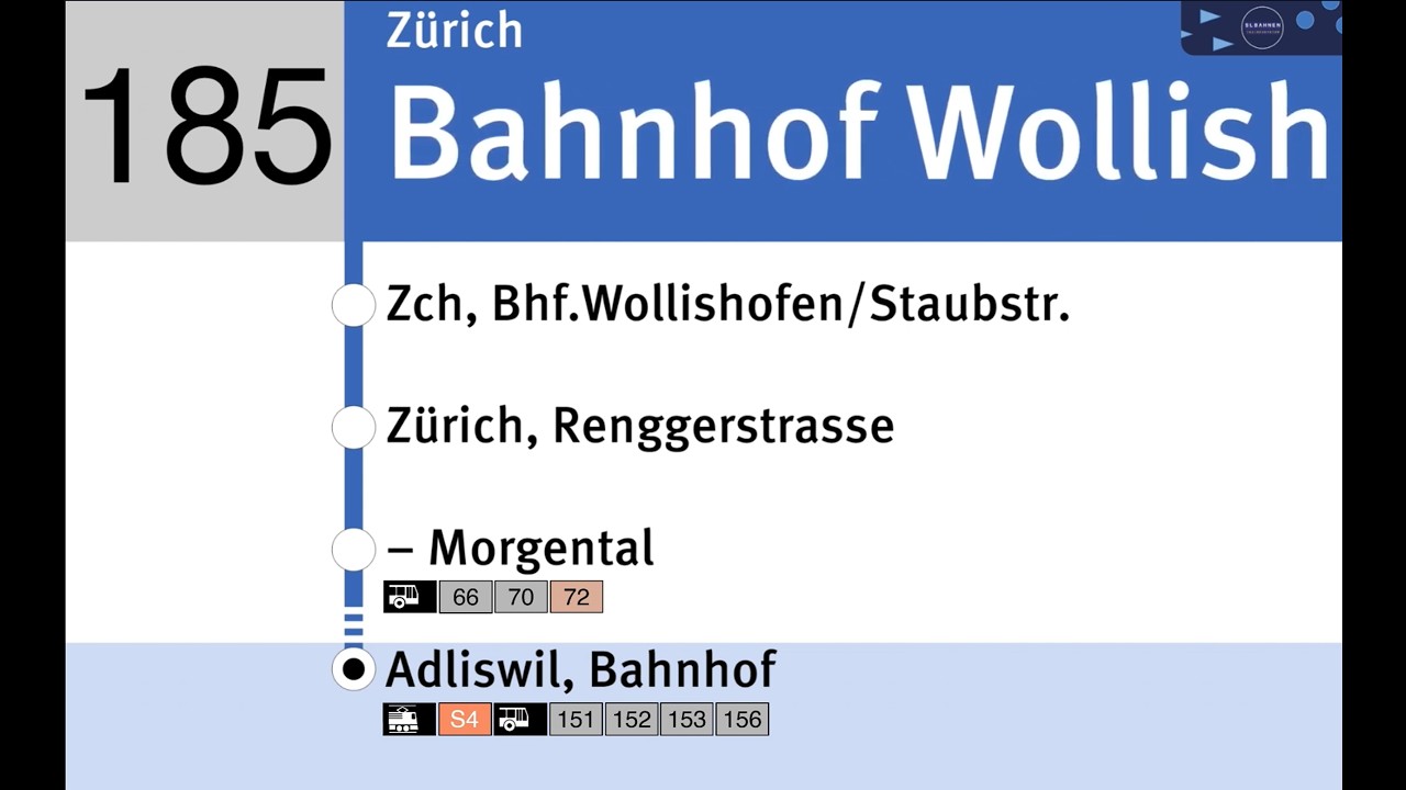 VBZ Ansagen » 185 Zürich, Bahnhof Wollishofen— Adliswil, Bahnhof via Kilchberg ZH, Asp | SLBahnen