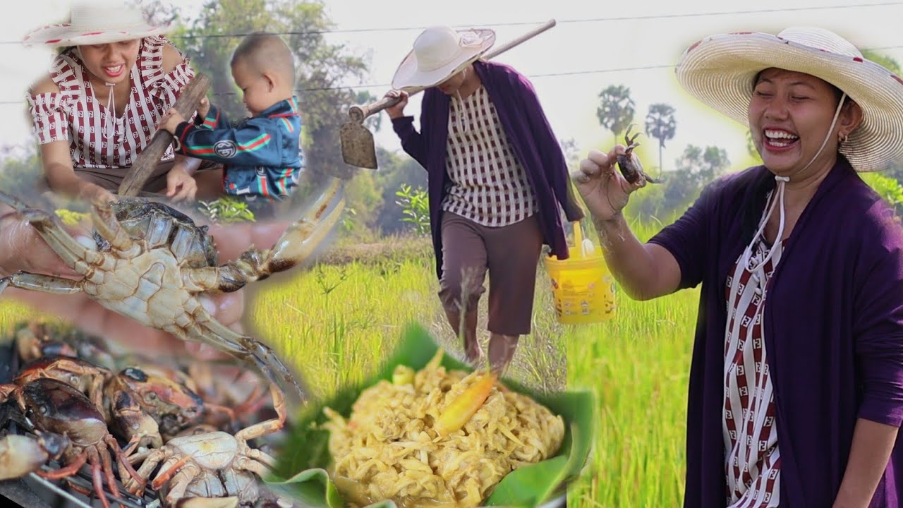 Catch crabs from the rice field to cook mango salad with crab meat ...
