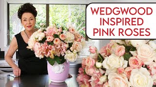 Wedding Floristry Idea: Pink roses into a pink Wedgewood inspired vase