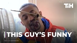 Guy Eats Grapes Attached to Swivel Fan Without Moving