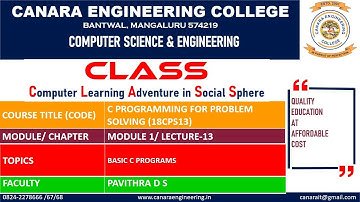 VTU CPS(18CPS13) C-PROGRAMMING [BASIC C PROGRAMS] (M1 L13)
