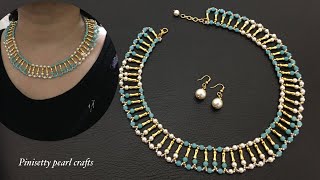 How to make beaded mat necklace/Pearl collar necklace tutorial/turquoise beads necklace making.