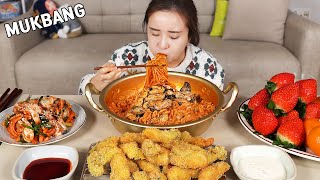 MUKBANG:) Spicy fire noodles with oyster, Fried Oyster, Raw Oyster Salad.