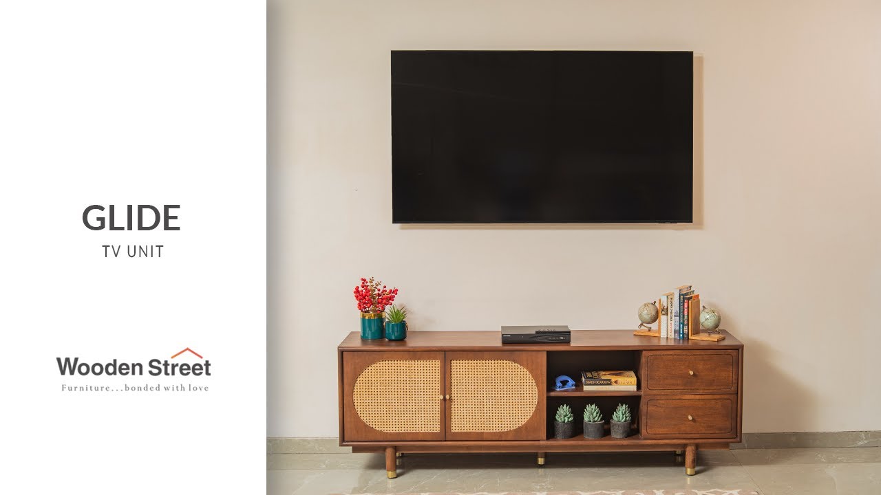 Glide Premium Mango Wood TV Unit  Cabinet | Cane and Brass Accents | 2 Drawers | Wooden Street