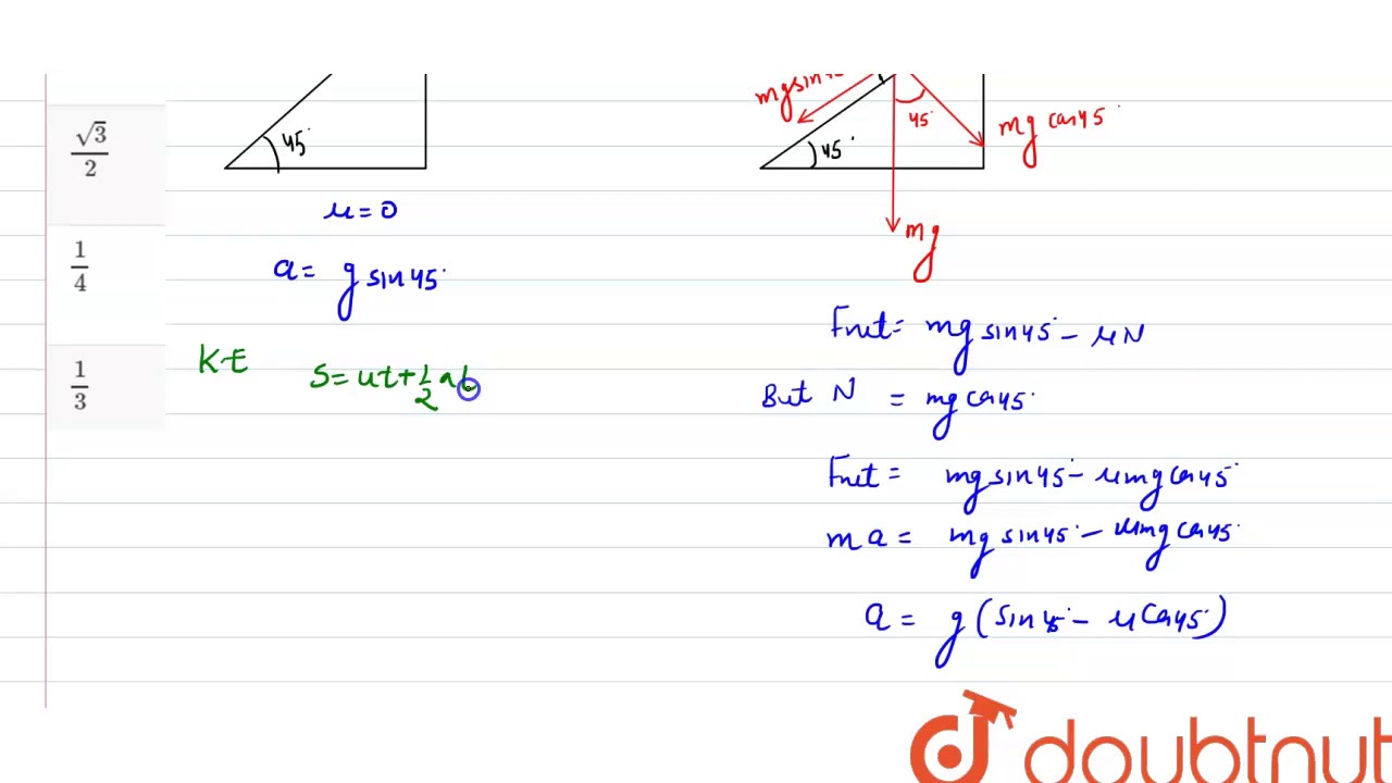 A given object takes n times as much time to slidedown a 45^° rough incline  as it takes to slide downa perfectly smooth 45^° incline. The coefficient  ofkinetic friction between the object