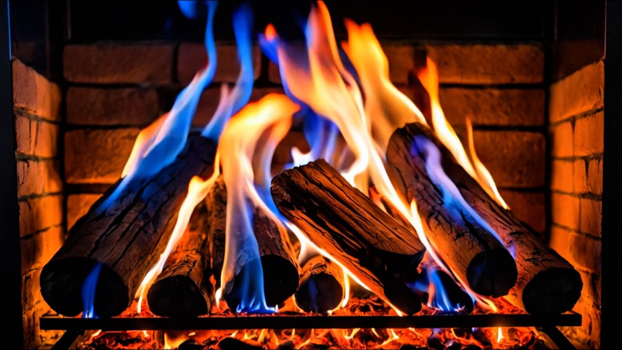 🔥 Warm Brick Fireplace 4K with Blue Flames | Calm Crackling Fireplace  for Relaxing Ambience