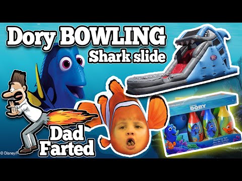 GIANT SHARK WATER SLIDE + DAD FARTED! Let's Play Finding Dory Bowling