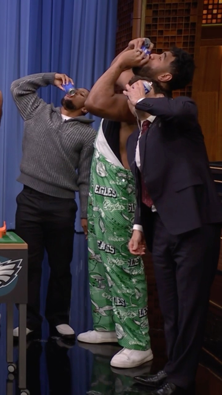 The #Eagles offensive line join #JalenHurts, #SaquonBarkley, \u0026 Jimmy to shotgun celebratory beers!