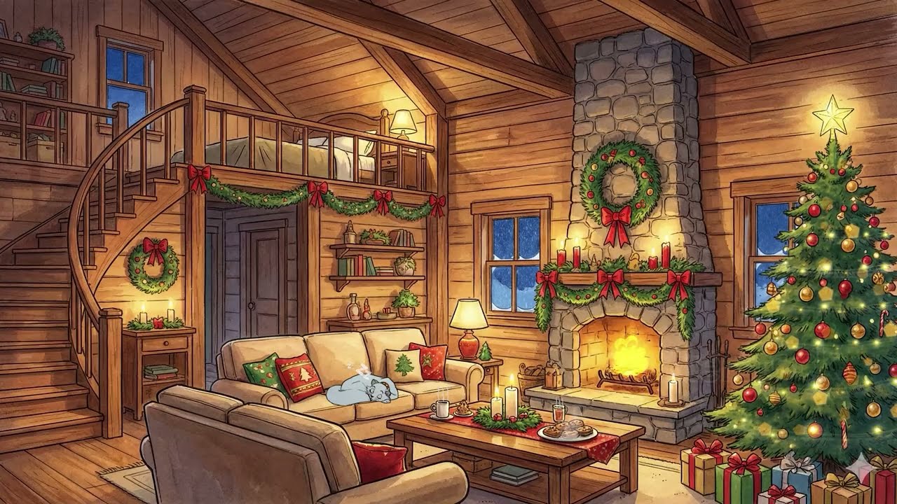 1950's cozy winter cabin with vintage oldies playing in another room (crackling fireplace)